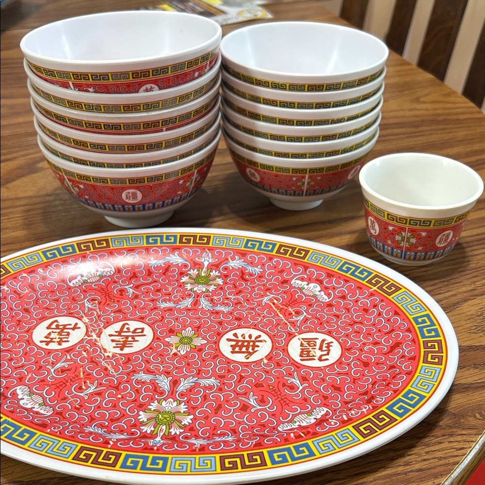 Red Floral Melamine Platter and 3 sizes of bowls Set - Traditional Asian Design